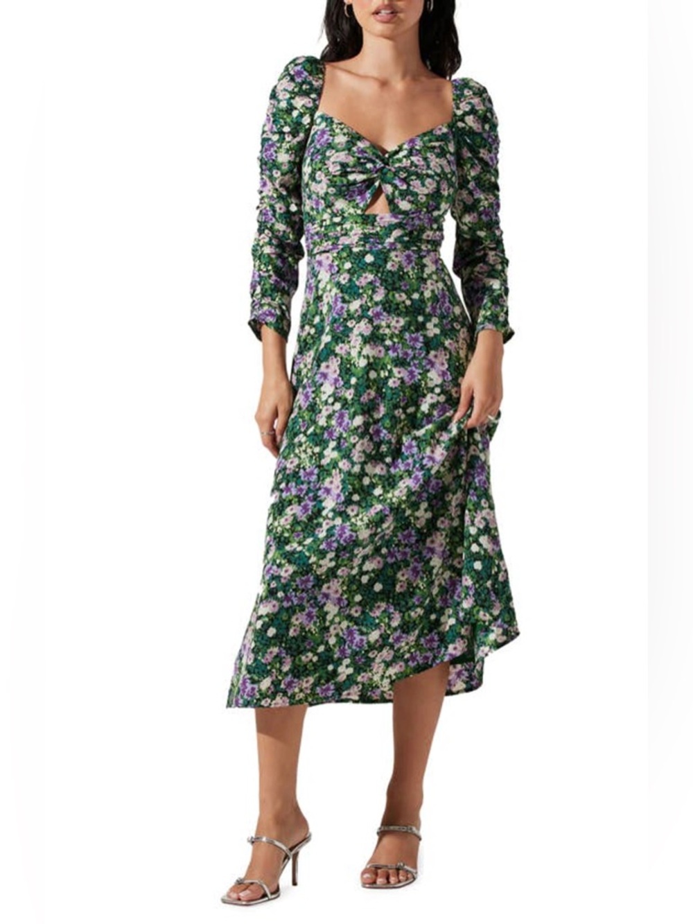 ASTR The Label Floral Keyhole Longsleeve Midi Dress Front Cutout Green Floral